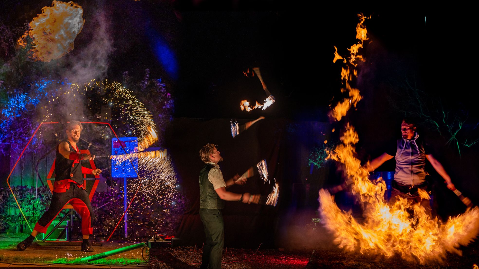 Feuershows mit brennden Seilen, Fackel Jonglage und Effekten